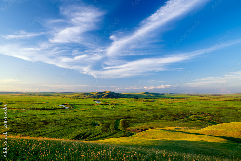 The summer Huunbuir grassland landscape of Inner Mongolian of China.