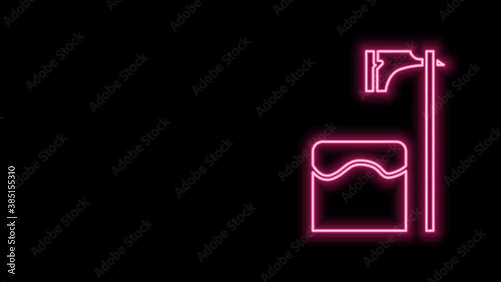 Glowing neon line Executioner axe in tree block icon isolated on black background. Hangman, torturer, executor, tormentor, butcher, headsman. 4K Video motion graphic animation