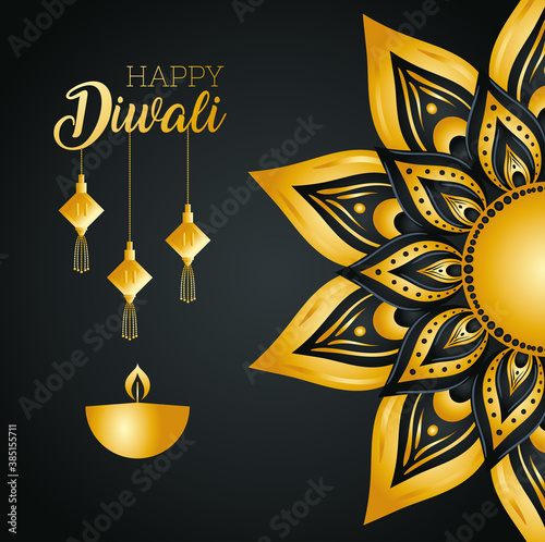 Happy diwali with diya candle fortune hangers and gold mandala design, Festival of lights theme Vector illustration