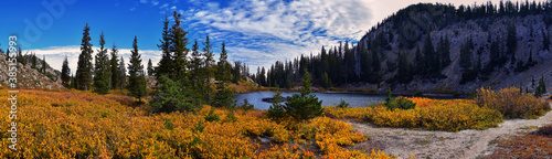Lake Catherine panorama views from hiking trail to Sunset Peak on the Great Western Trail by Brighton Resort. Rocky Mountains, Wasatch Front, Utah. United States.