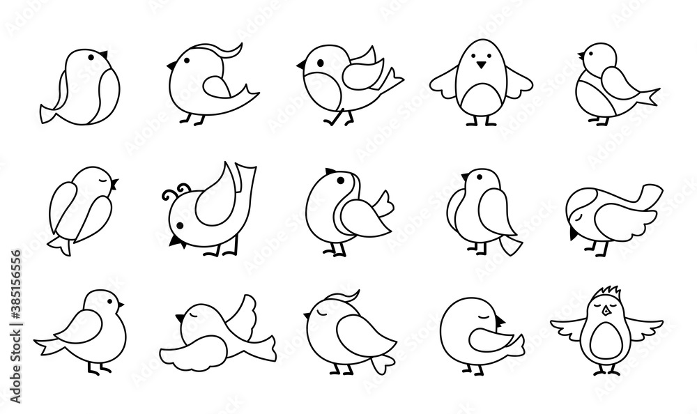 Cute bird outline cartoon set. Black line little birds, different poses,  flying. Happy character. Hand drawn flat abstract icon. Modern trendy  vector illustration Stock Vector | Adobe Stock