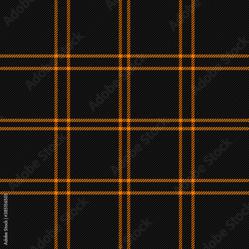 Halloween Tartan plaid. Scottish pattern in black and orange cage. Scottish cage. Traditional Scottish checkered background. Seamless fabric texture. Vector illustration