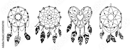 Boho dreamcatcher feathers black glyph cartoon set. Native American indian design. Ethnic bohemian style, hipster symbols. Bird feathers, talisman sweet dream hand drawn. Vector illustration