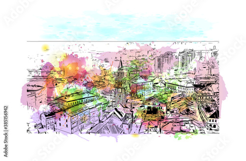 Building view with landmark of Biala is a city in southern Poland. Watercolor splash with hand drawn sketch illustration in vector.