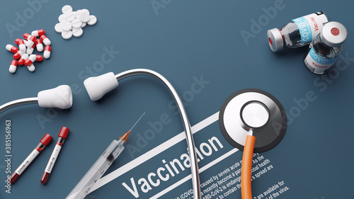 Stethoscope with vaccination test. Concepual 3D rendering photo