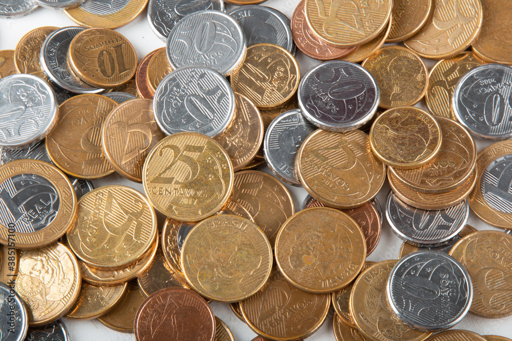 Real currency, money from Brazil. Stack with several Brazilian coins. Real currency, money from Brazil. Stack with several Brazilian coins.