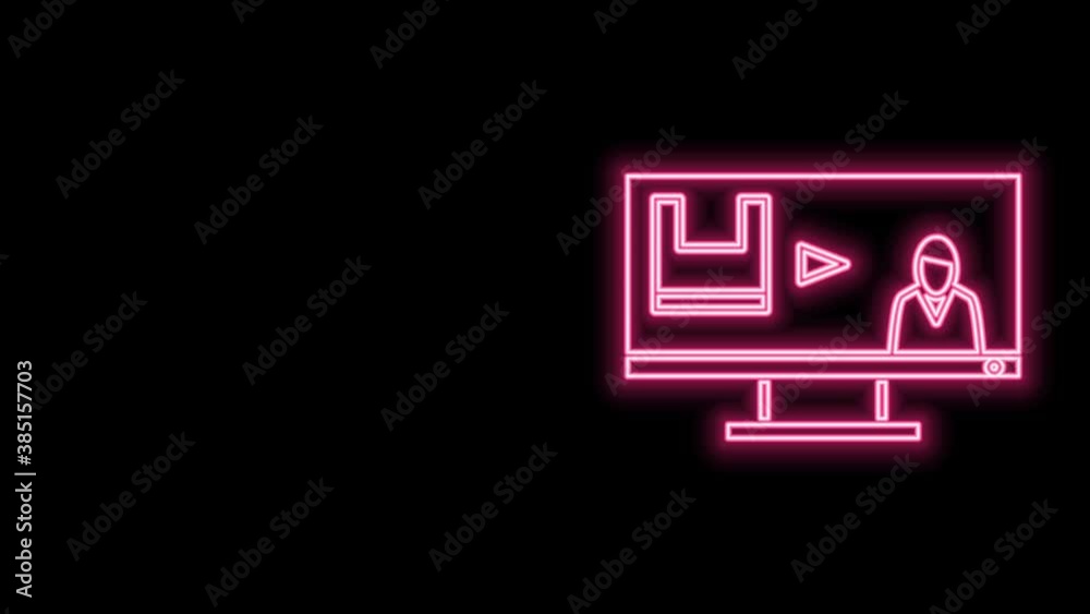 Glowing neon line Stop plastic pollution icon isolated on black background. Ecological poster. 4K Video motion graphic animation