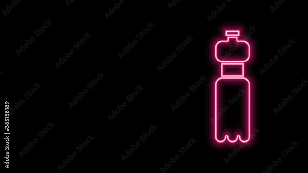 Glowing neon line Bottle of water icon isolated on black background. Soda aqua drink sign. 4K Video motion graphic animation