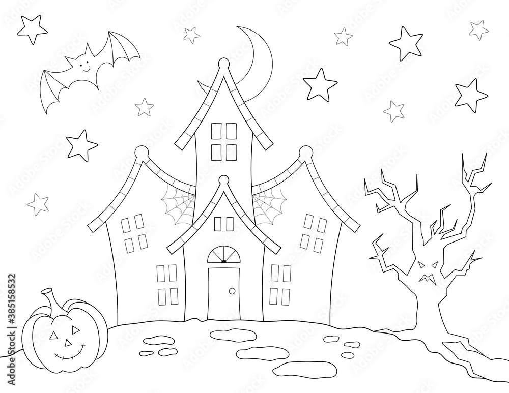 haunted house halloween coloring page for kids. You can print it on an 11x8.5 inch page	
