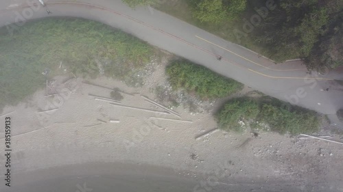 Top down view of the walking and bicycle trail in Canada, covered with fog