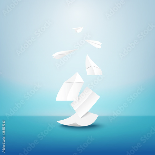 Creative paper artwork with white origami paper airplane.Paper art of Imagination for education, idea and business concept.