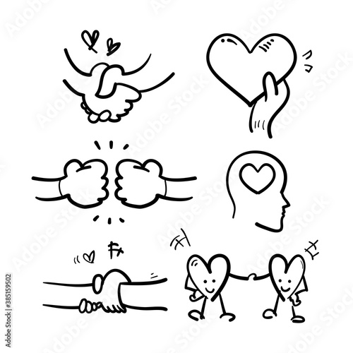 doodle Friendship and Love Vector Line Icons Set. with hand drawn sketch drawing style vector