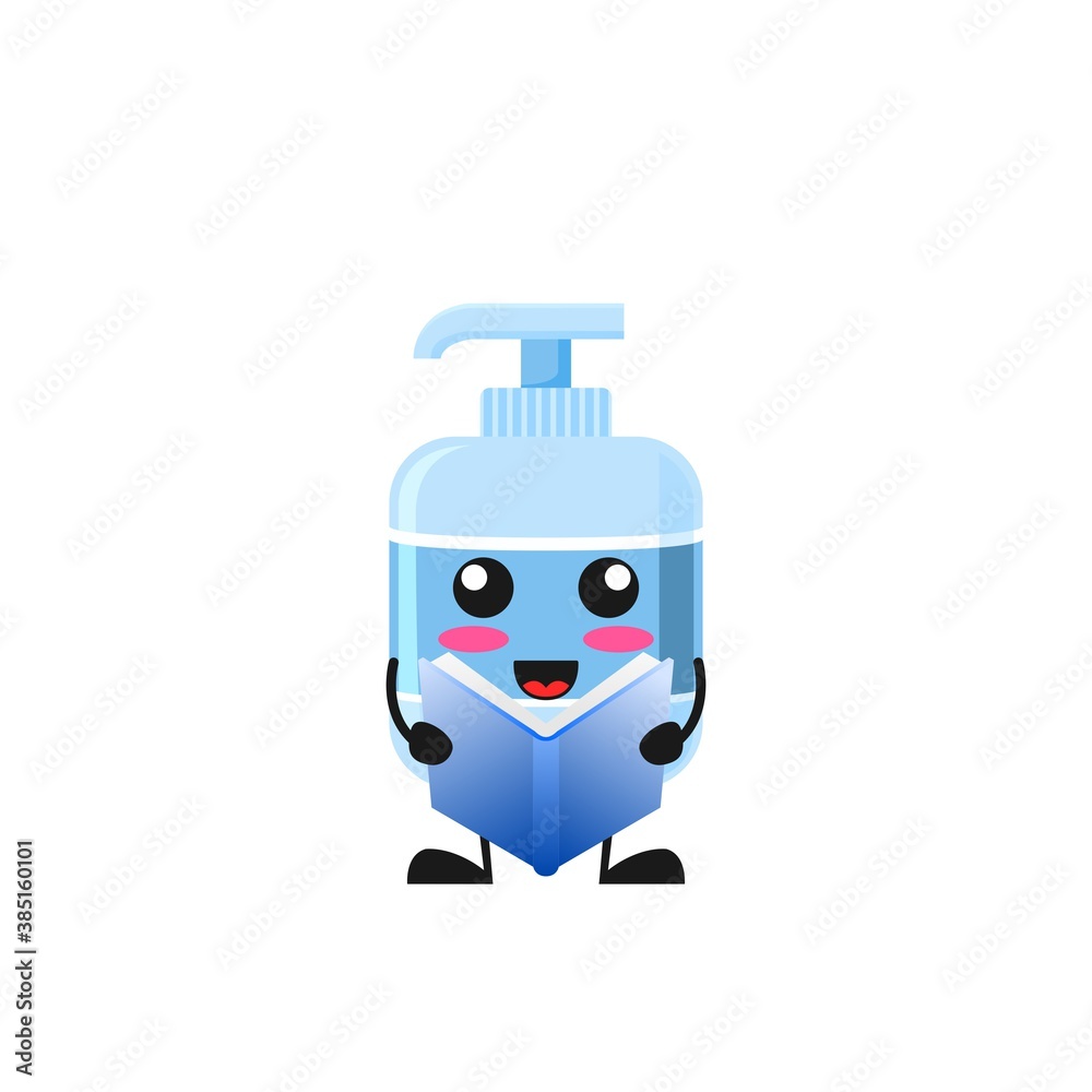 vector illustration of Cute Antiseptic Liquid soap mascot or character reading book. Antiseptic Liquid soap character concept. vector illustration of Cute Antiseptic Liquid soap mascot or character reading book. Antiseptic Liquid soap character concept.