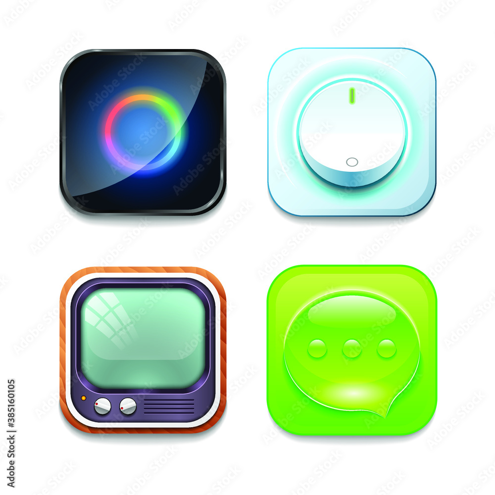 Set Abstract Collection Icons Symbols Signs Switch Tv Messager Glass CIrcle Shadow Logotype Vector Design Style
