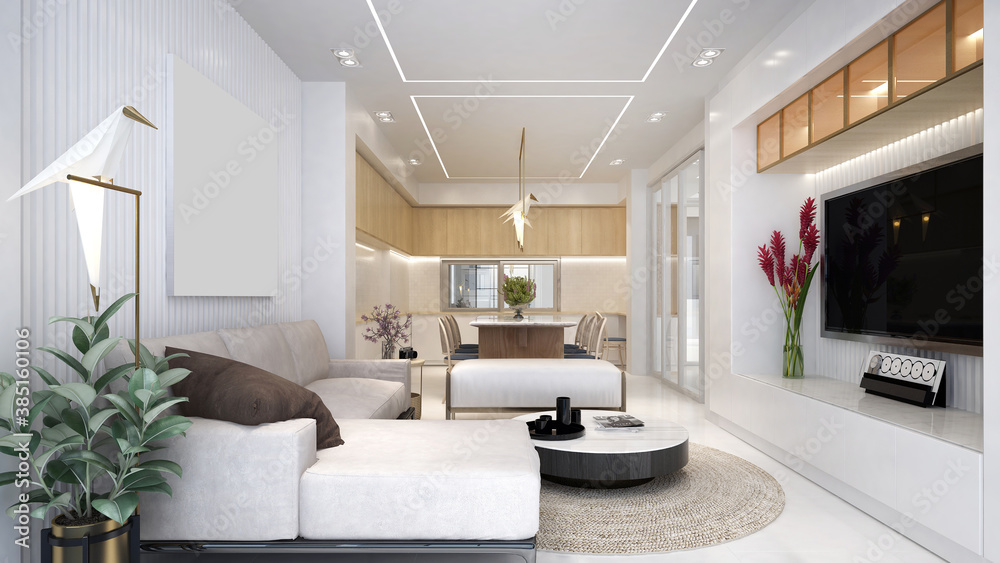 The beautiful modern house mock up and interior design of living room and dining room area The beautiful modern house mock up and interior design of living room and dining room area
