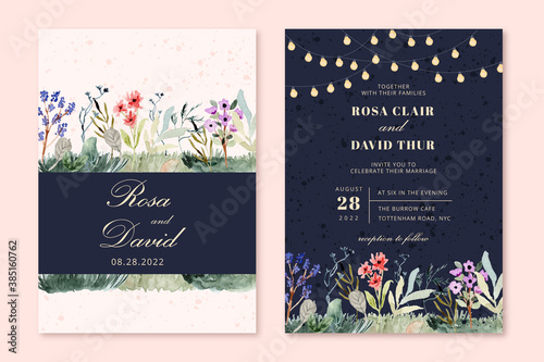 wedding invitation with string light and wild flower watercolor