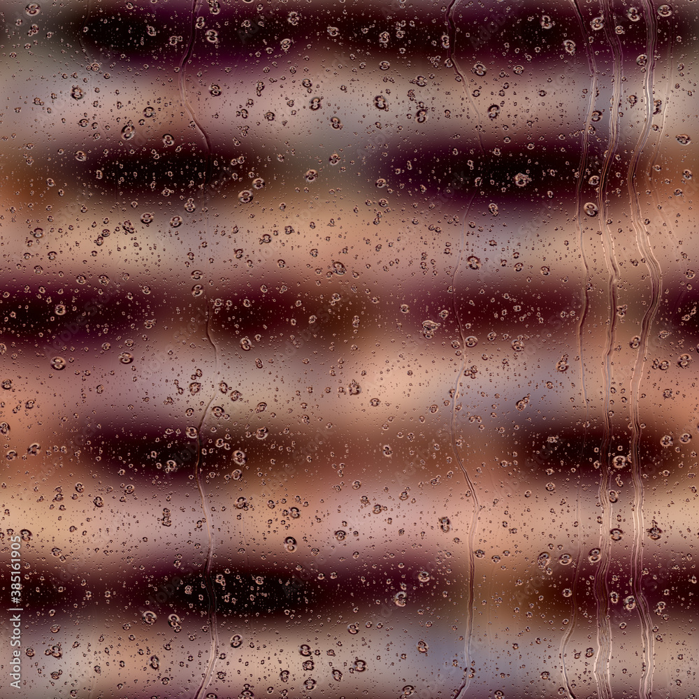 Fototapeta premium Seamless rain drop water repeat pattern on blur. High quality illustration. Realistic digital render of water droplets and drips on a blurred out pattern background. Pure water with light refraction.