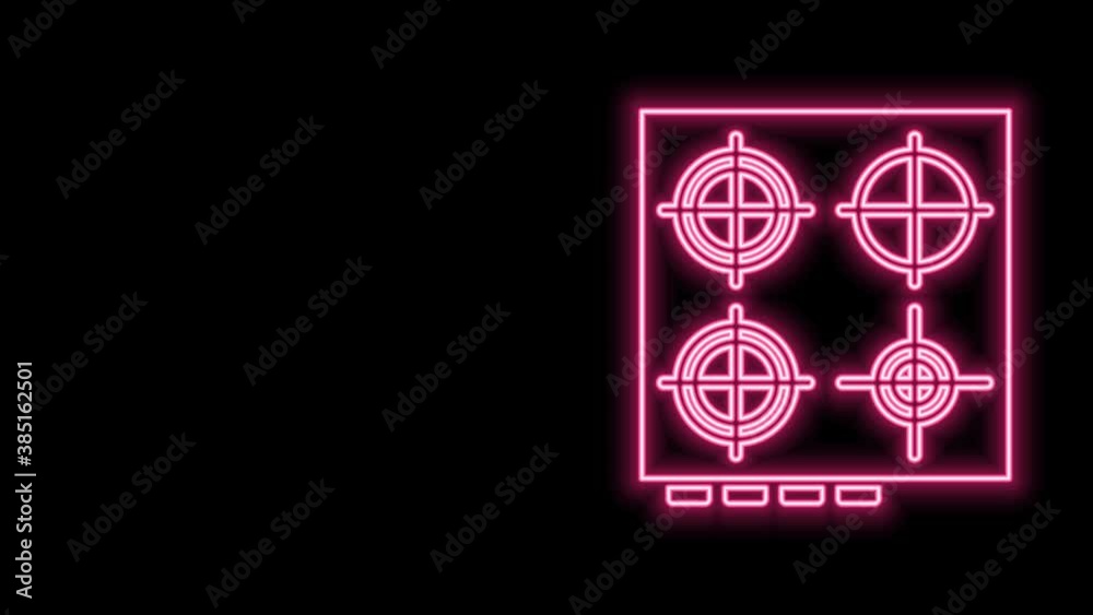 Glowing neon line Gas stove icon isolated on black background. Cooktop sign. Hob with four circle burners. 4K Video motion graphic animation Glowing neon line Gas stove icon isolated on black background. Cooktop sign. Hob with four circle burners. 4K Video motion graphic animation