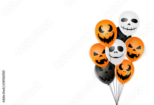Halloween party background with scary black, white, orange air balloons isolated on white background, space for adding text , sale banner template billboard, , poster, vector illustration