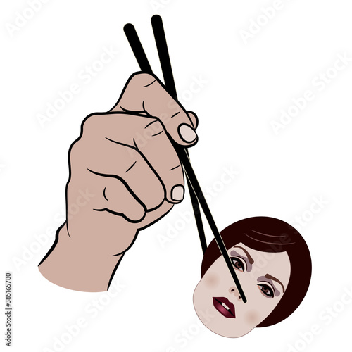 Human hand holding pretty female face with chopsticks. Creative social concept for devouring beauty. Male exploitation and abuse of women.