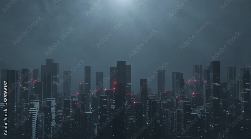 3D Rendering of futuristic virtual sci fi city. Many high sky scrapper building towers.  Concept for night life, business vision, technology product background