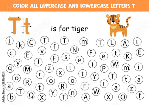 Find and color all letters T. Educational worksheet for learning alphabet. ABC letters. T is for tiger.