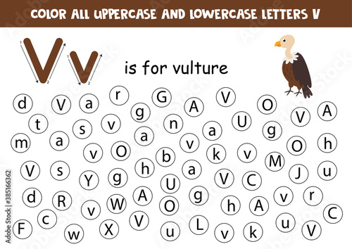 Learning English alphabet. Color all letters V. Educational worksheet for school and kindergarten. V is for vulture.