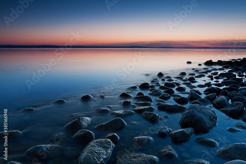 Stones on the shores of Lake Constance just after sunset, Immenstaad, Bodenseekreis district, Baden-Wuerttemberg, Germany, Europe, PublicGround, Europe photo