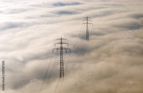 Aerial view, electricity pylons in fog, Hamburg, Hamburg, Germany, Europe