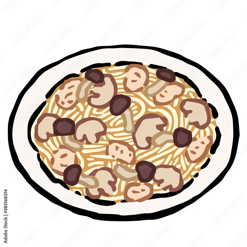 Illustration of Spaghetti pollo e funghi: Hand drawn vector illustration like woodblock print Illustration of Spaghetti pollo e funghi: Hand drawn vector illustration like woodblock print