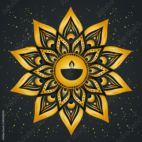 Happy diwali with diya candle on gold mandala design, Festival of lights theme Vector illustration