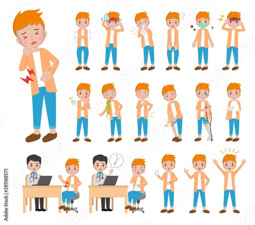 18 kinds of man diseases, colds, injuries illustration cartoon characters vector set