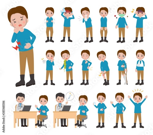 18 kinds of man diseases, colds, injuries illustration cartoon characters vector set