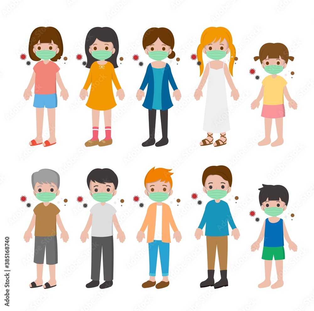 10 kinds of cartoon characters vector set of men and women with children, face masks, colds, flu, viruses