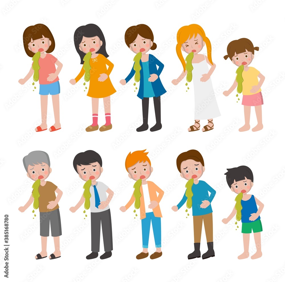 10 kinds of cartoon characters vector set of man and woman with children, illness, abdominal pain, vomiting 10 kinds of cartoon characters vector set of man and woman with children, illness, abdominal pain, vomiting