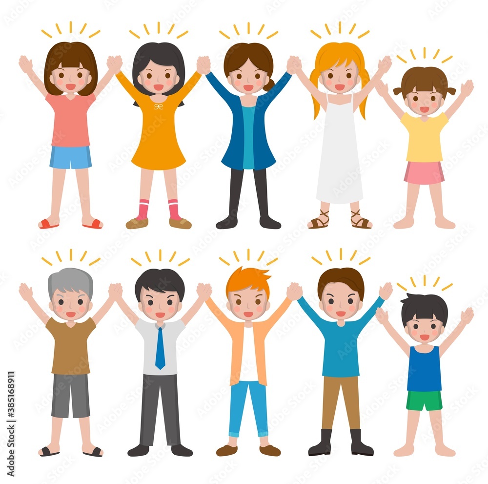 10 kinds of cartoon characters vector set of man and woman with children, happy and cheering
