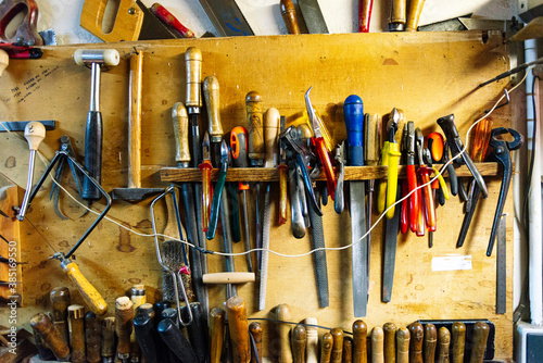 Cabinet full of equipment at workshop