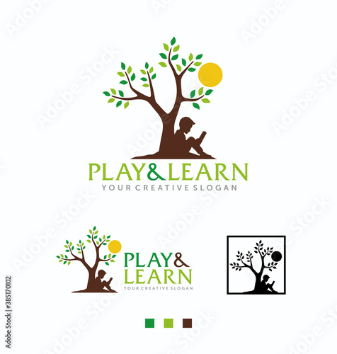 Education Logo, Boy reading book, Preschool Logo Vector