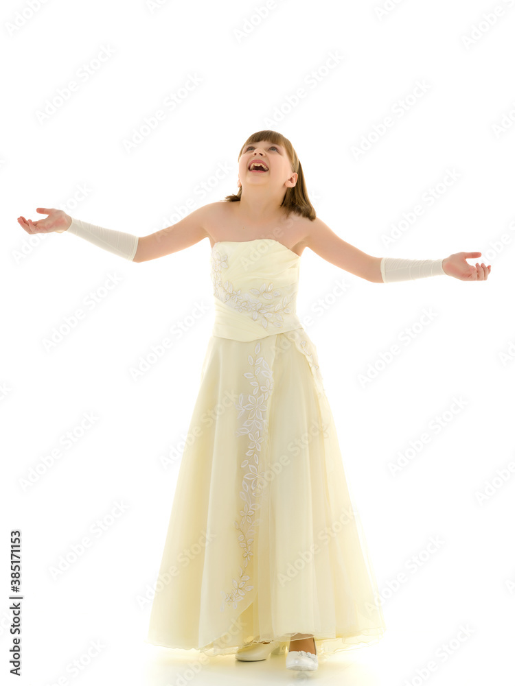 A little girl in a long, elegant dress of a princess. A little girl in a long, elegant dress of a princess.