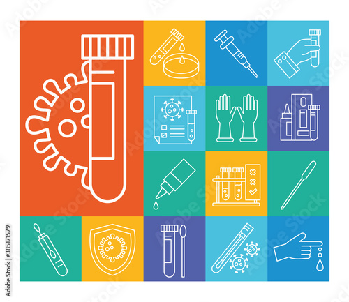 covid 19 virus test line style icon set design of 2019 ncov cov and coronavirus theme Vector illustration