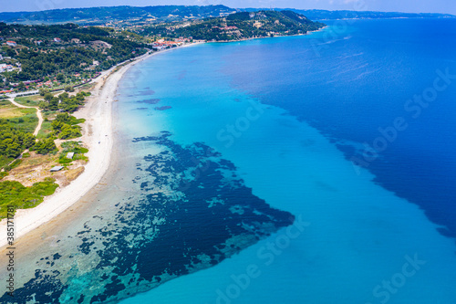 Greece, Kassandra, Aerial view of Possidi Beach in summer photo