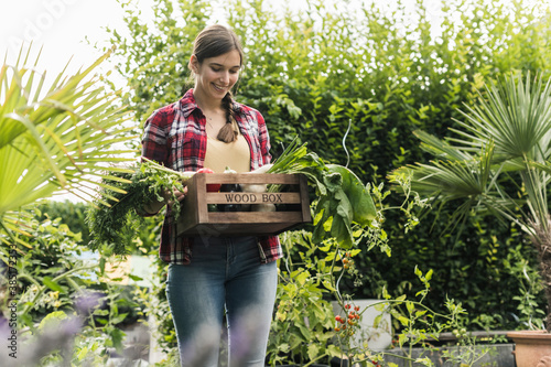 Smiling young woman carrying vegetables in crate while standing amidst plants at garden photo