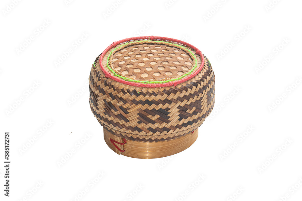 Sticky rice box made from bamboo wooden and Thailand name is Kratip for Glutinous rice isolated on white background Sticky rice box made from bamboo wooden and Thailand name is Kratip for Glutinous rice isolated on white background