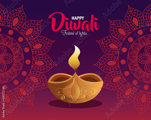 Happy diwali diya candle with mandalas on purple background design, Festival of lights theme Vector illustration
