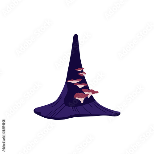Witch hat decorated with mushrooms. Halloween costume design element, wizard pointed cap with fly agaric mushrooms. Happy Halloween concept cartoon vector illustration