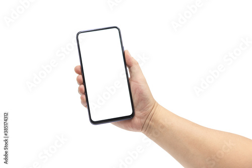 A man's hand holds a blank smartphone with a black frame.