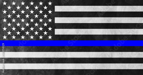 Grunge black concept USA flag with blue stripe. American police force sign vector abstract background