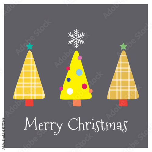 Cute Merry Christmas greeting card with lettering and fun yellow colorful plaid trees illustration on black background. Vector design elements. Great for stickers, labels, tags, and icons.