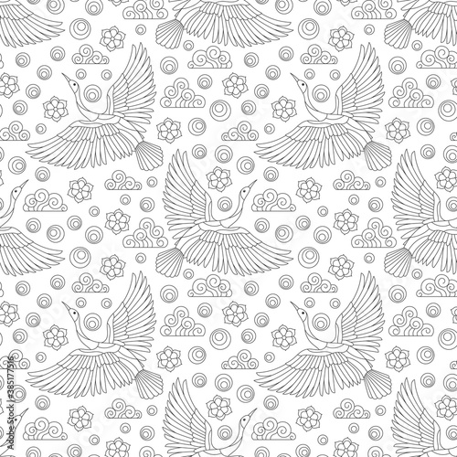 Seamless pattern with birds, clouds and flowers, dark contour birds on a white background