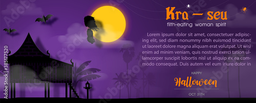 Thai evil spirit with the name's "Kra-seu" and example texts on full moon, silhouette Thai house and fog scene purple background.